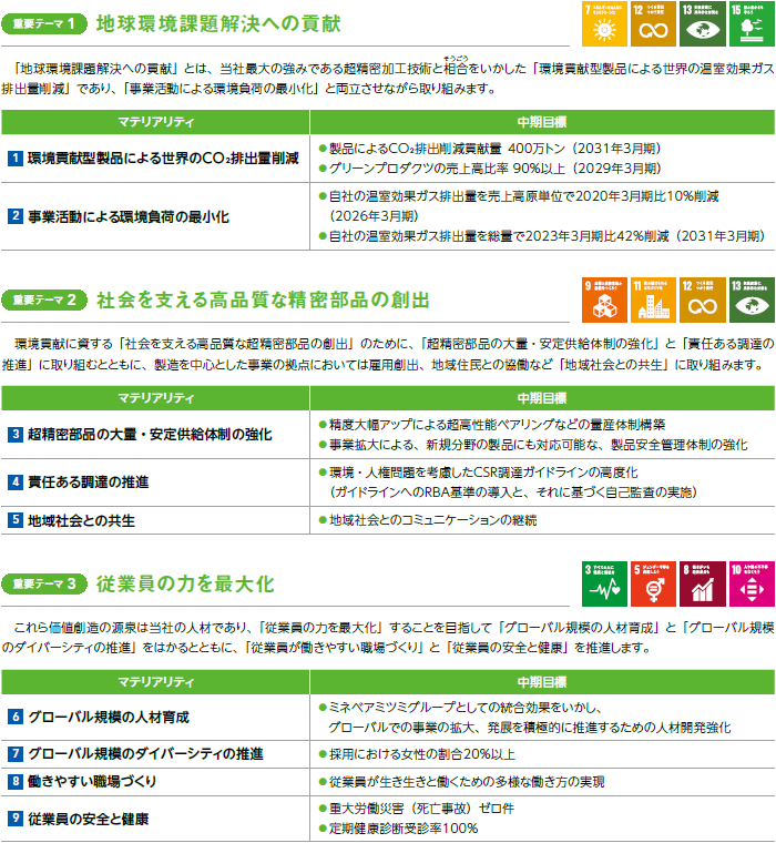 3分野の重要テーマと9項目のマテリアリティ